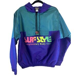 Surf Style Windbreaker Half Zip Pullover Hood Teal Purple Iridescent One Size